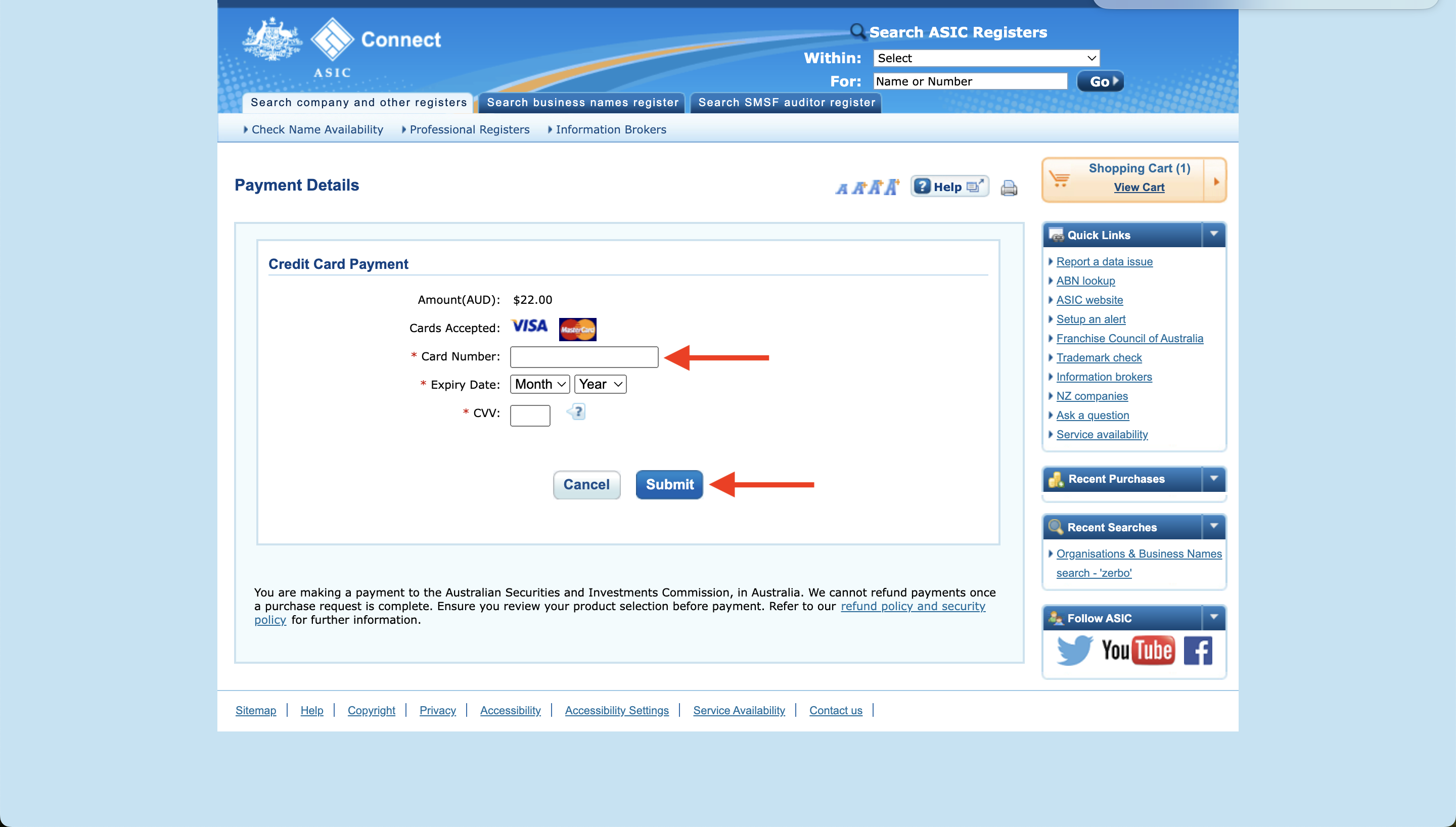 ASIC Connect Payment Details