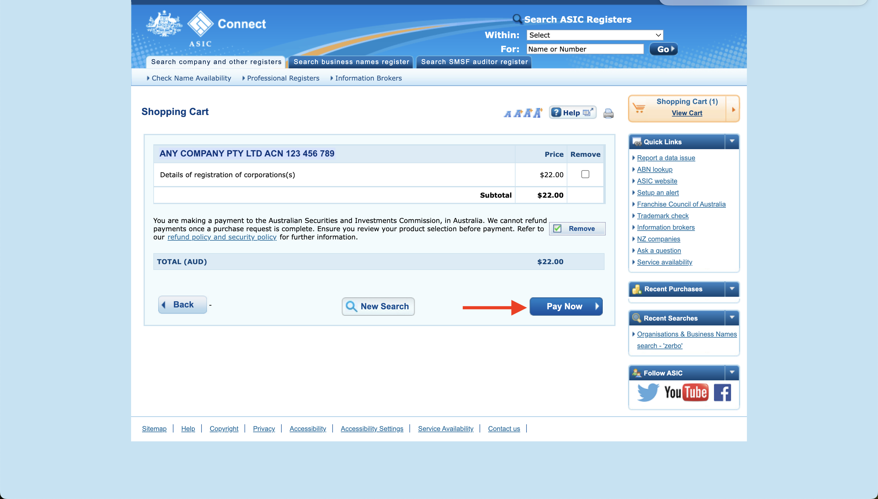 ASIC Connect Shopping Cart