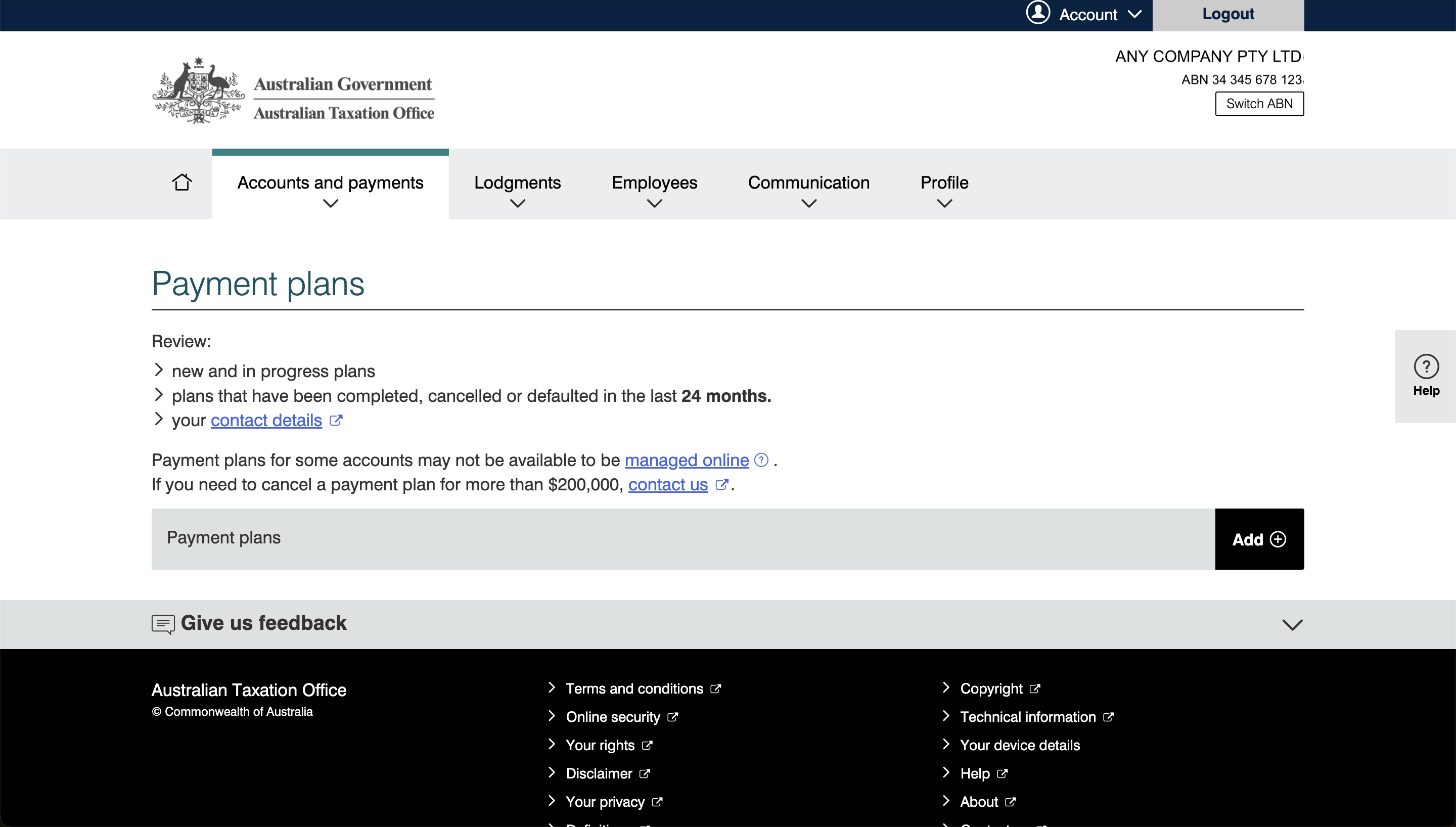 ATO Payment Plans Screen