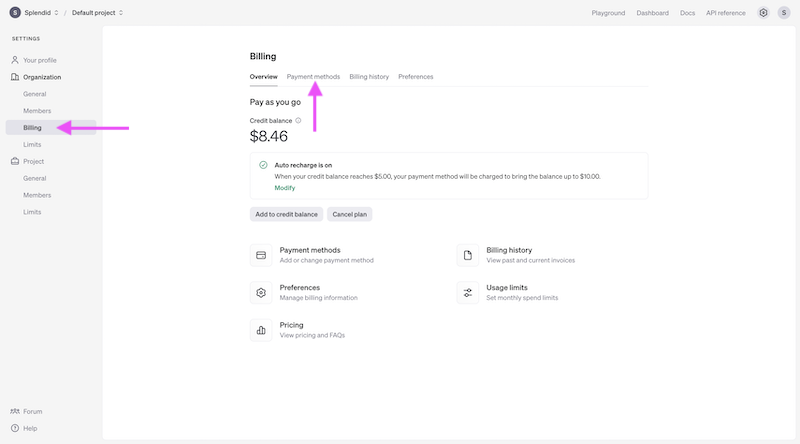 OpenAI Billing Settings