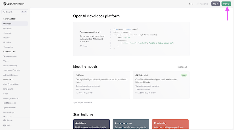 OpenAI API Docs Homepage