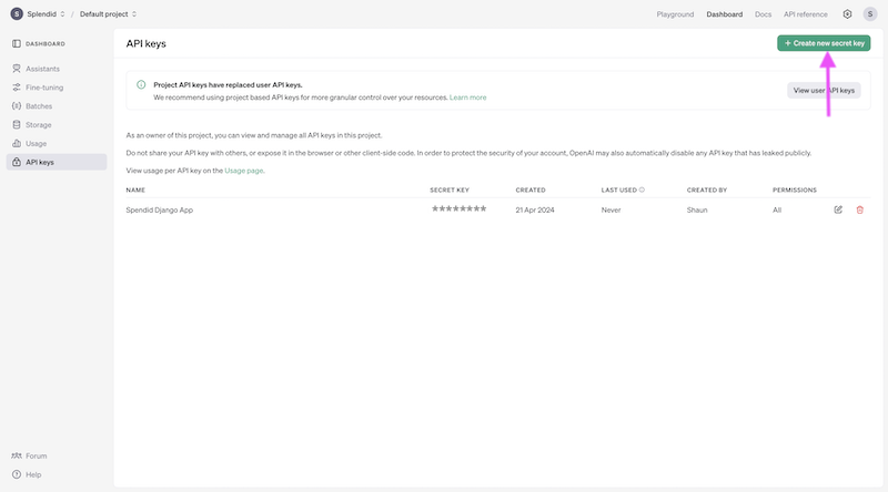 OpenAI API Keys Page