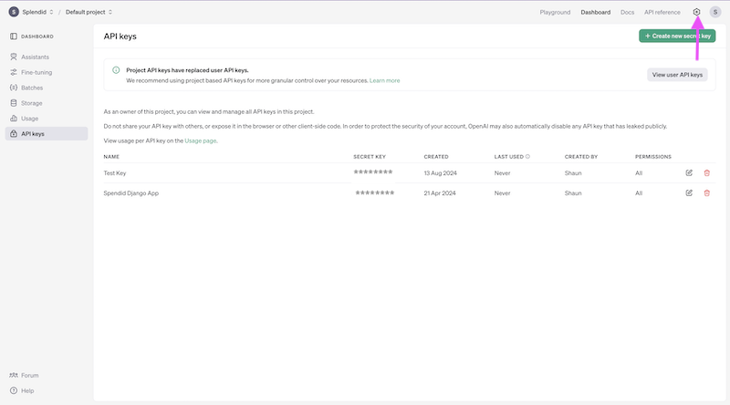 OpenAI API Keys Settings Dropdown