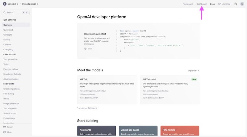 OpenAI Developer Dashboard Homepage