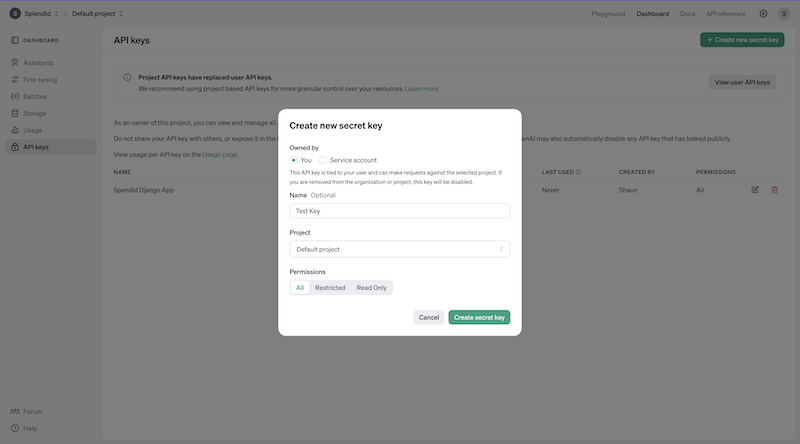 OpenAI Create Secret Key Popup